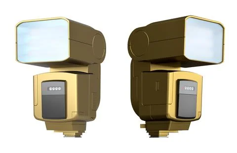 Set of professional camera flashes in silver, gold, and black isolated on w.. Stock Illustration