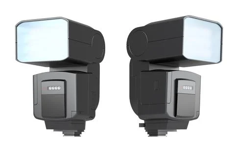 Set of professional camera flashes in silver, gold, and black isolated on whi Stock Illustration