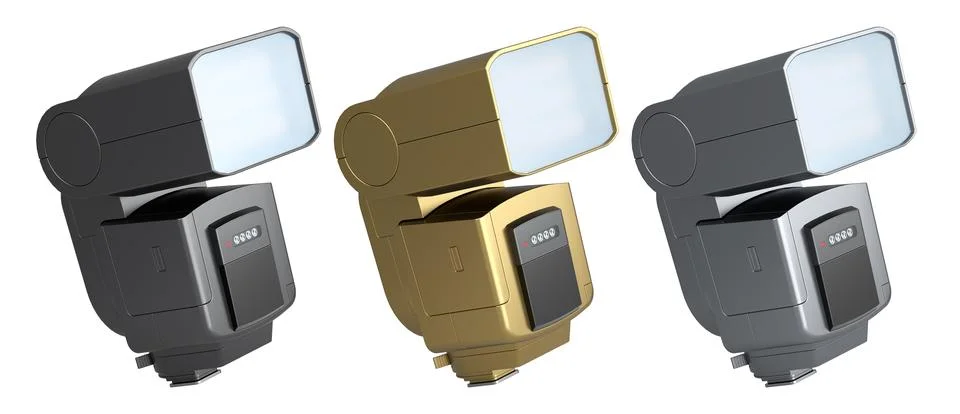 Set of professional camera flashes in silver, gold, and black isolated on w.. Stock Illustration