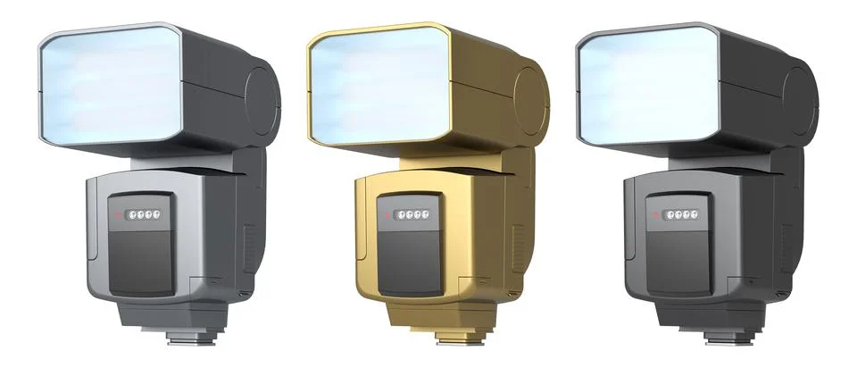 Set of professional camera flashes in silver, gold, and black isolated on w.. Stock Illustration