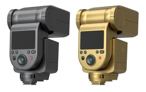 Set of professional camera flashes in silver, gold, and black isolated on w.. Illustrazione stock