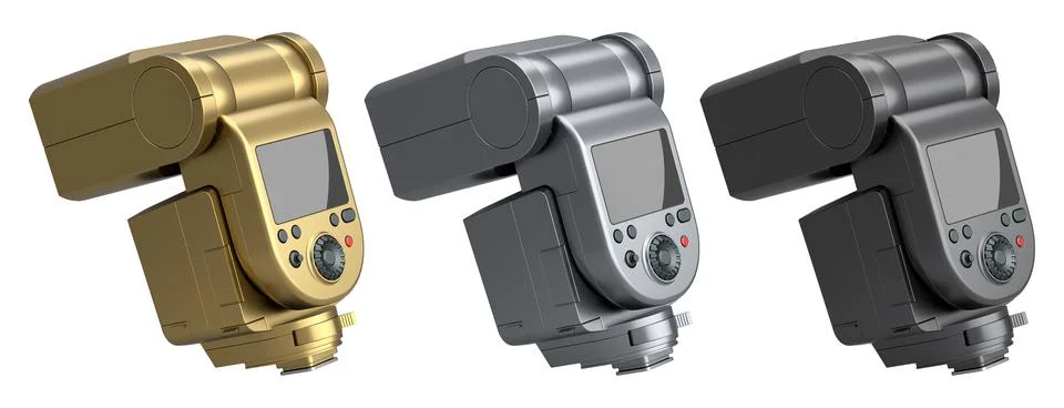 Set of professional camera flashes in silver, gold, and black isolated on w.. Stock Illustration