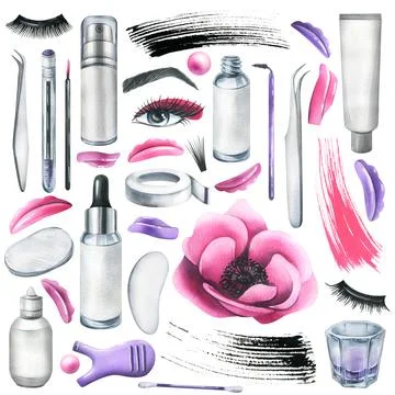 Set of professional cosmetics and tools for makers of lamination, painting Stock Illustration