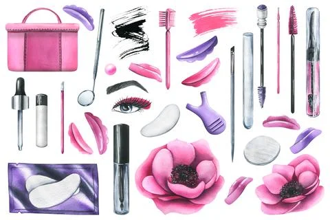 Set of professional cosmetics and tools for makers of lamination, painting Stock Illustration