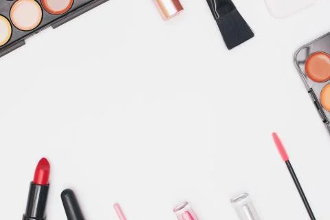 Set of professional cosmetics, makeup tools and accessories isolated on white Stock Photos