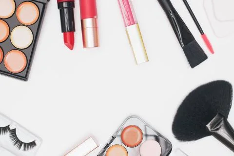Set of professional cosmetics, makeup tools and accessories isolated on white Stock Photos