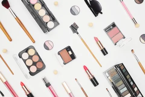 Set of professional cosmetics, makeup tools and accessories on white background Stock Photos