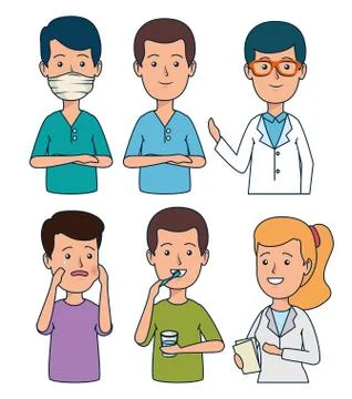 Set professional dentist with patient teeth treatment Stock Illustration