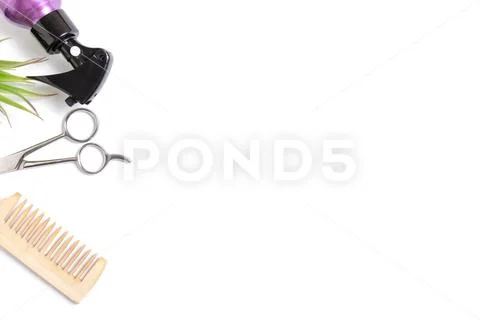Set of professional hairdresser tools equipment on white background - scissor Stock Photos