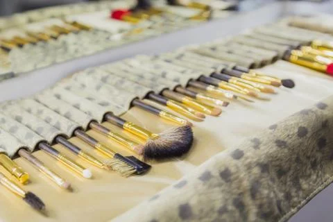 Set of professional make-up brushes in compact case Stock Photos