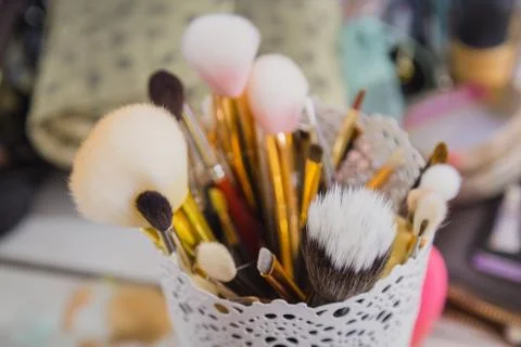Set of professional make-up brushes in compact case Stock Photos