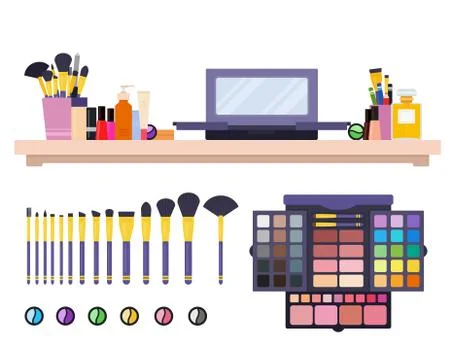 Set of professional makeup brushes and cosmetics vector illustration in a flat Illustrazione stock