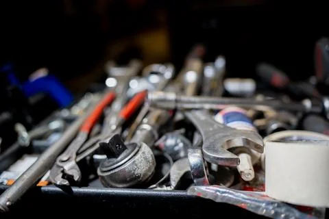 Set of professional mechanic tools including wrenches and sockets Stock Photos