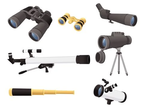 A set of professional optical devices telescopes binoculars and spyglass vector Stock Illustration