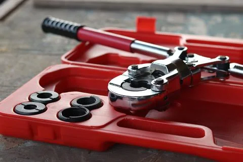 Set of professional plumbing tools for pipe installation Stock Photos