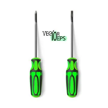 Set from professional realistic screwdrivers with a plastic green handle. Stock Illustration
