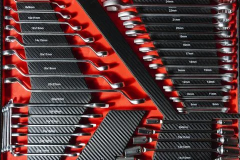 A set of professional wrenches in lodgements, auto repair Foto stock