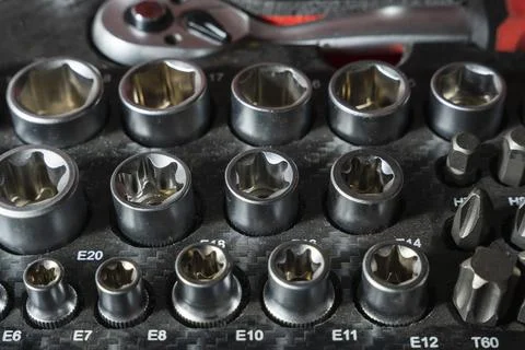 A set of professional wrenches in lodgments, end heads, ratchet wrench, torx, Foto stock