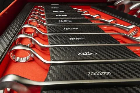A set of professional wrenches in lodgments, end heads, ratchet wrench, torx, 库存照片