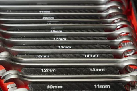 A set of professional wrenches in lodgments, end heads, ratchet wrench, torx, Stock Photos