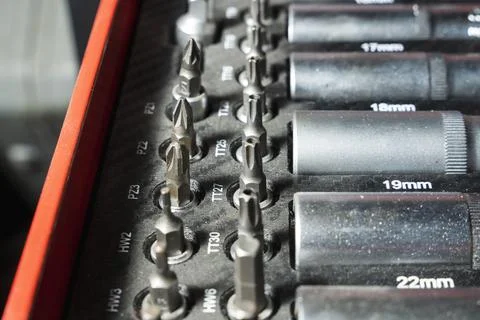 A set of professional wrenches in lodgments, end heads, ratchet wrench, torx, 库存照片