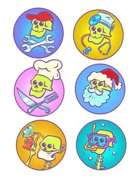 Set of professions with skeleton. A ready-made set of stickers, emojis and icons Stock Illustration
