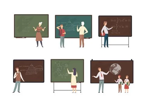 Set of professors standing in front of blackboard in class . Teachers teaching Illustrazione stock