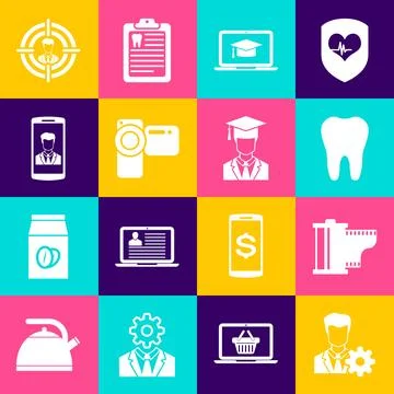 Set Profile settings, Camera film roll cartridge, Tooth, Graduation cap on Stock Illustration