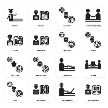 Set of Programmer, Chef, carpenter, Detective, Postman, Clown, Magician, Poli Free Stock Illustration