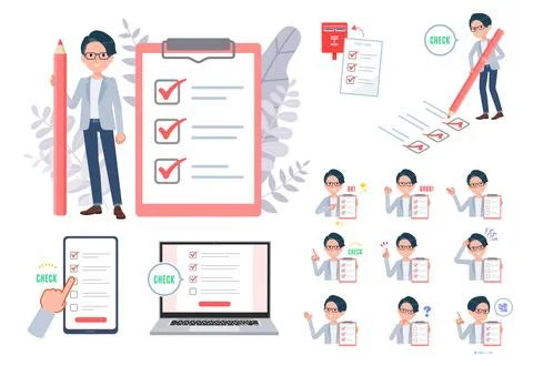 A set of Programmer engineer man with a check mark Stock Illustration