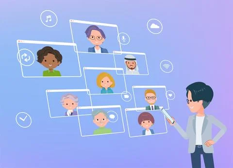 A set of Programmer engineer man communicating online using a smartphone Stock-Illustration