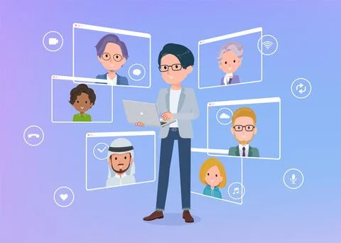 A set of Programmer engineer man communicating online using a laptop Stock-Illustration