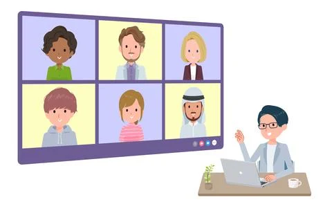 A set of Programmer engineer man having an online meeting with multiple peo.. Stock Illustration