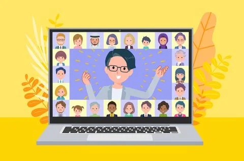 A set of Programmer engineer man presenting online Stock Illustration