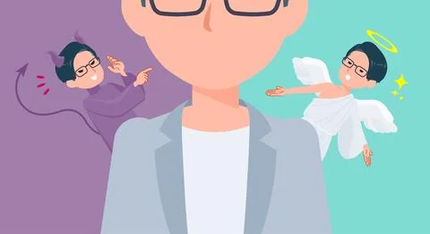 A set of Programmer engineer man struggling between an angel and a devil Stock Illustration