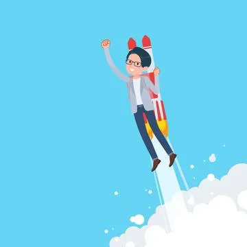 A set of Programmer engineer man taking off with a rocket jet 스톡 일러스트