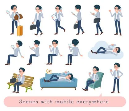 A set of Programmer engineer man who uses a smartphone in various scenes Illustrazione stock
