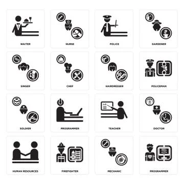 Set of Programmer, Mechanic, human resources, Teacher, Soldier, Hairdresser,  Illustrazione stock gratuita