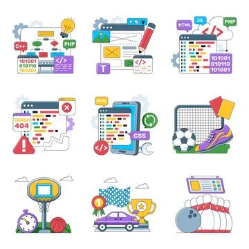 Set of Programming and Sports Flat Illustrations Stock Illustration