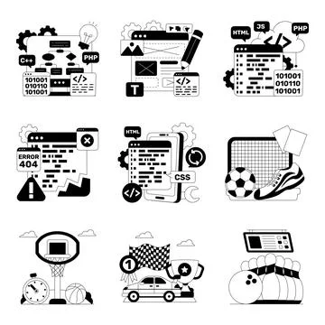Set of Programming and Sports Solid Illustrations Stock Illustration