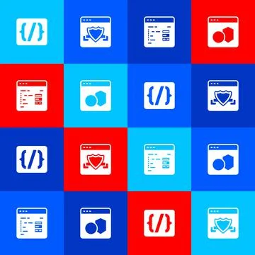 Set Programming language syntax, Browser with shield, Software and icon. Vector Stock-Illustration