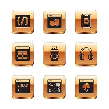 Set Programming language syntax, Code terminal, Software, Coffee cup to go Stock Illustration