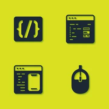 Set Programming language syntax, Computer mouse, Software and  icon. Vector 스톡 일러스트