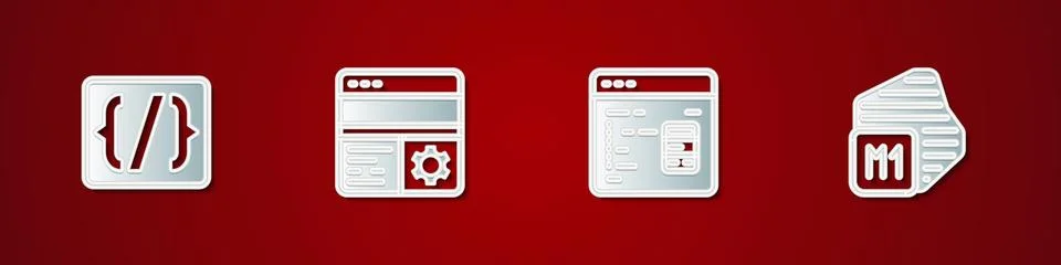 Set Programming language syntax, Debugging, Software and Processor icon. Vect Stock Illustration