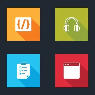 Set Programming language syntax, Headphones, Clipboard with checklist and Stock Illustration