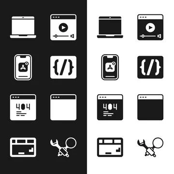 Set Programming language syntax, Mobile Apps, Laptop, Online play video, Page Illustrazione stock