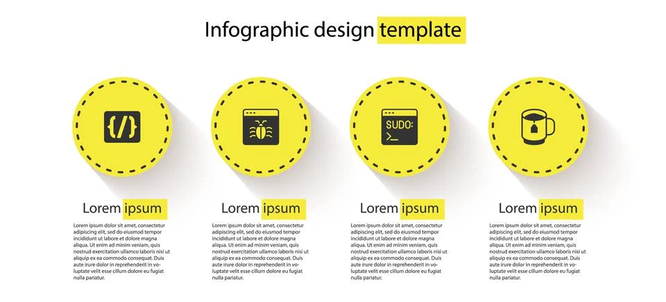 Set Programming language syntax, System bug, Code terminal and Cup of tea with 스톡 일러스트