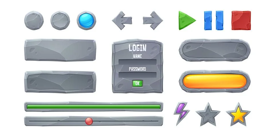 Set progress bars and game buttons gui elements Illustrazione stock