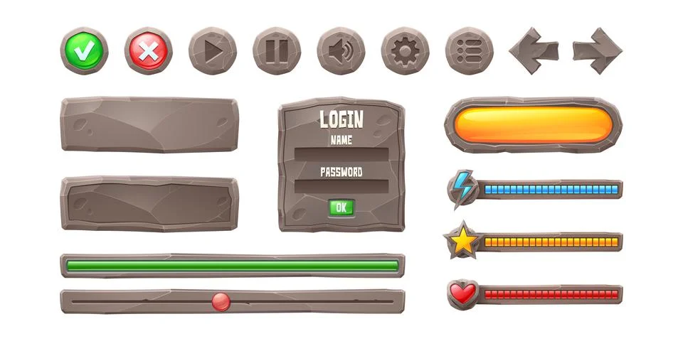 Set progress bars and game buttons gui elements Illustrazione stock