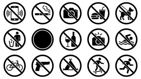 Set of prohibited activities and forbidden actions circular sign silhouette Stock Illustration
